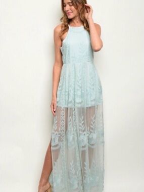 entro Mint Lace Halter Maxi Romper